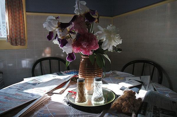 Peonies and Irises, messy table