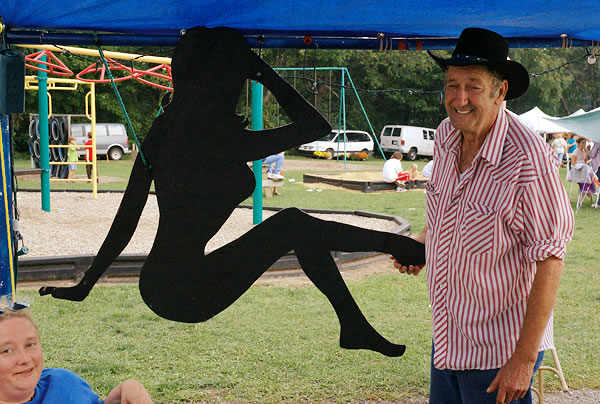 Posing with shadow figure from Pat's Singing Needles, Westville