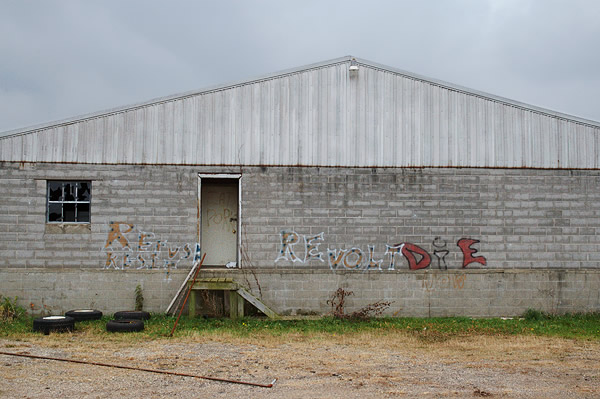 Graffiti on abandoned barn, chicken farm, Koskiusko County