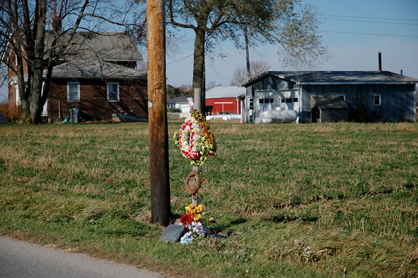 Roadside memorial for car accident victim, Elkhart County