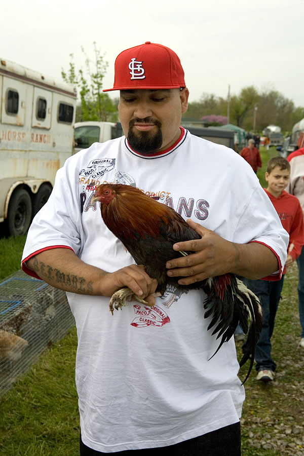 Man carrying a rooster, Animal Swap Meet, Ligonier